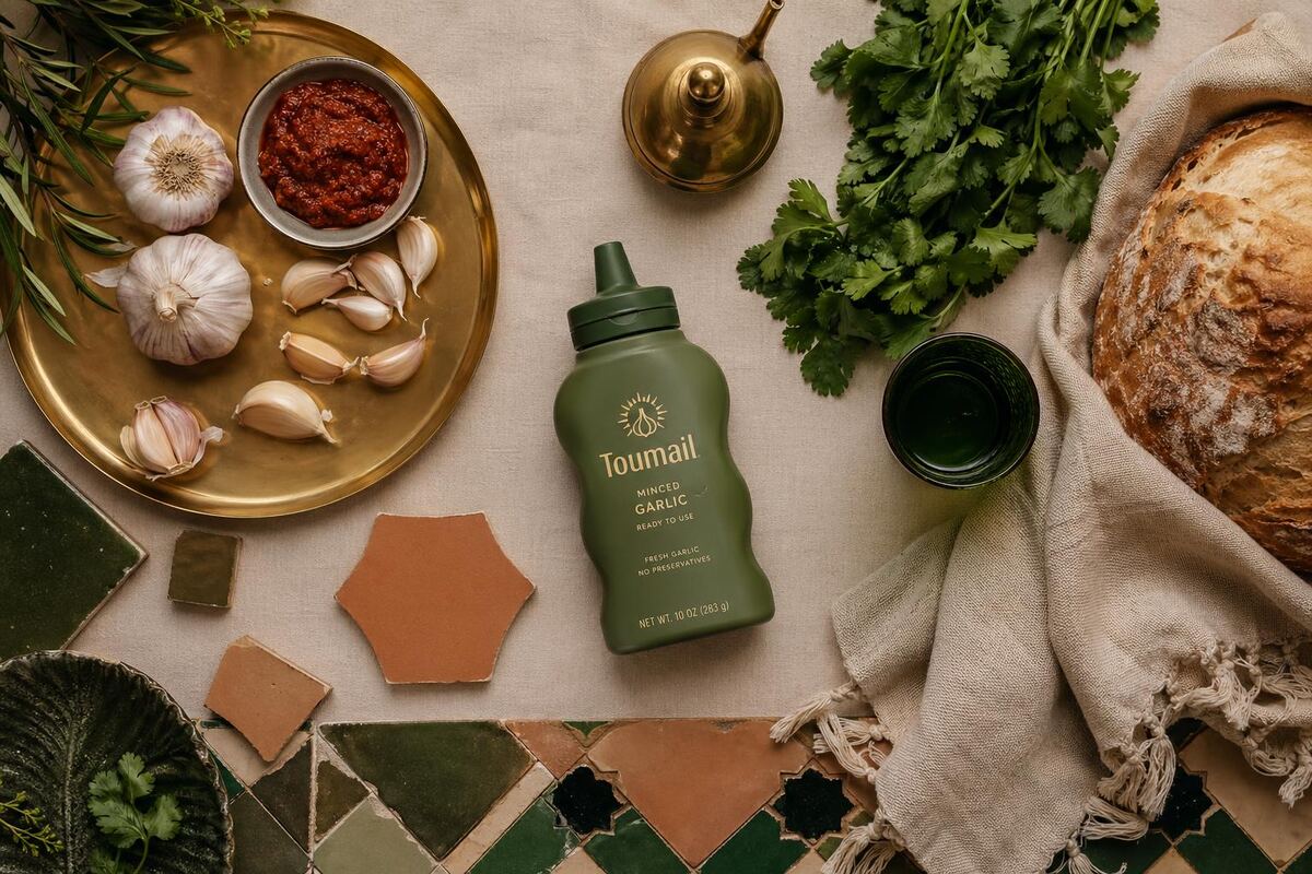 Modern Moroccan table flatlay with garlic, harissa, coriander, bread and Toumail bottle